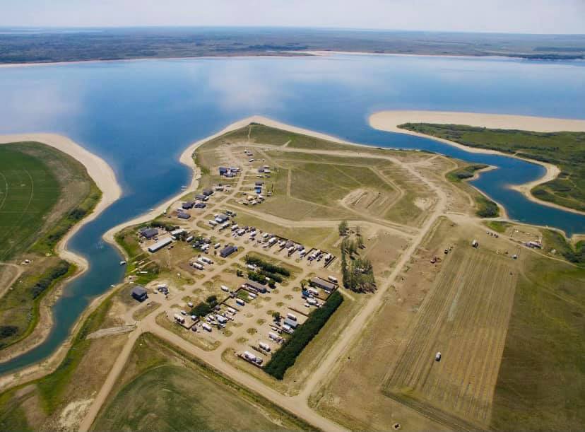 Sunset Beach at Lake Diefenbaker Aerial View July 2021
