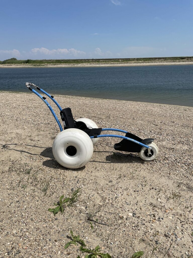All Terrain Beach and Trail Wheelchair at Sunset Beach Lake Diefenbaker
