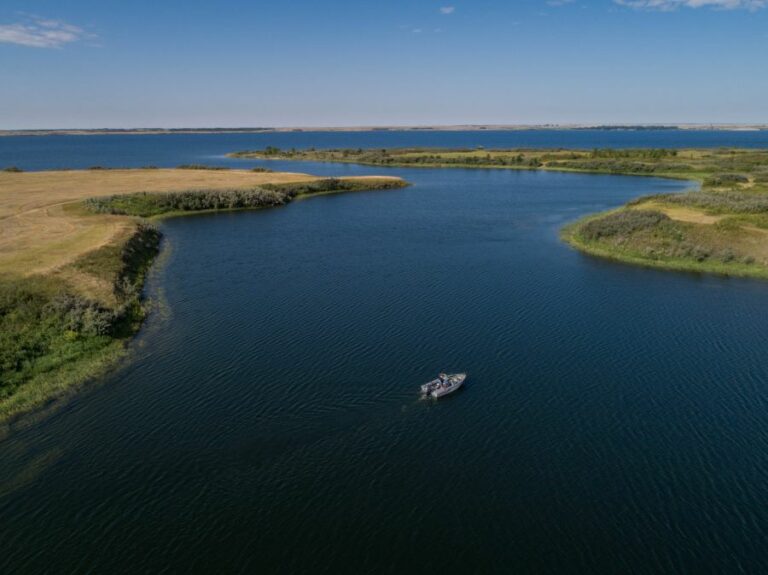 Lake Diefenbaker overhead image of boat