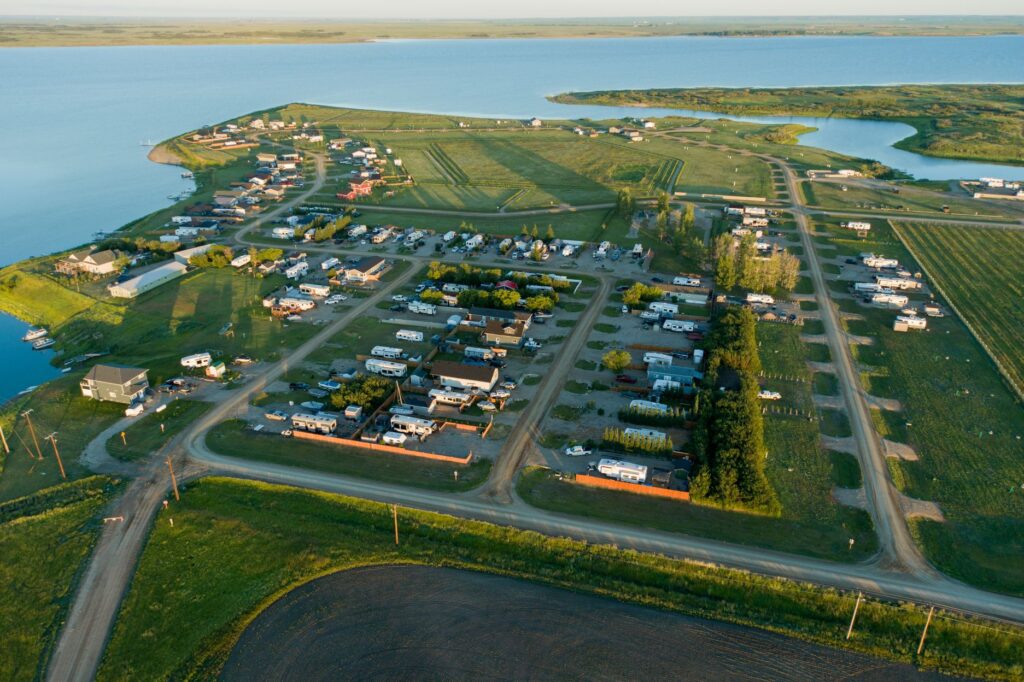 Aerial view of Sunset Beach at Lake Diefenbaker summer 2024