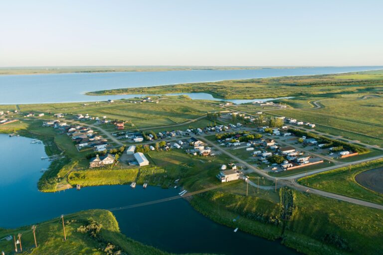 Aerial view of Sunset Beach at Lake Diefenbaker summer 2024
