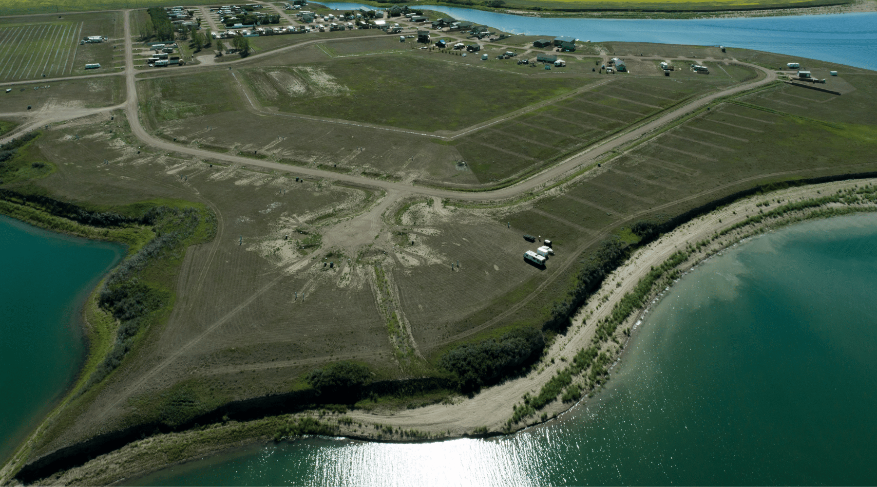 Aerial view of Sunset Beach at Lake Diefenbaker over lakefront lots